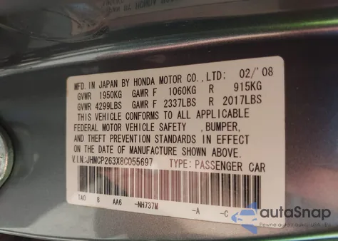 2008 Honda Accord 2.4 Lx из США, поврежденный, VIN JHMCP263X8C055697